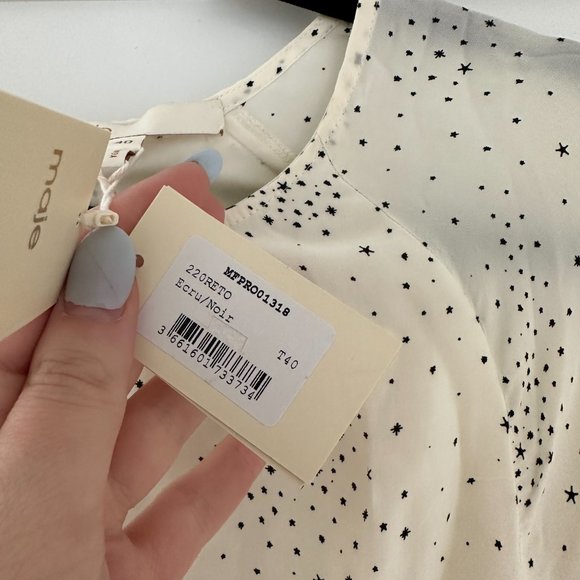 Maje Reto Asymmetric Dress Sz 40 Ecru Cupro Printed Ruffle Trim Long Sleeve - Picture 3 of 11